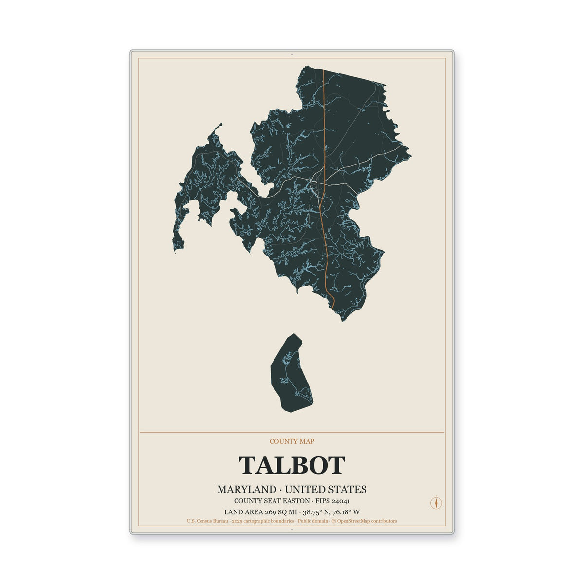 Talbot County, Maryland Map Aluminum Sign in Headline Atlas style