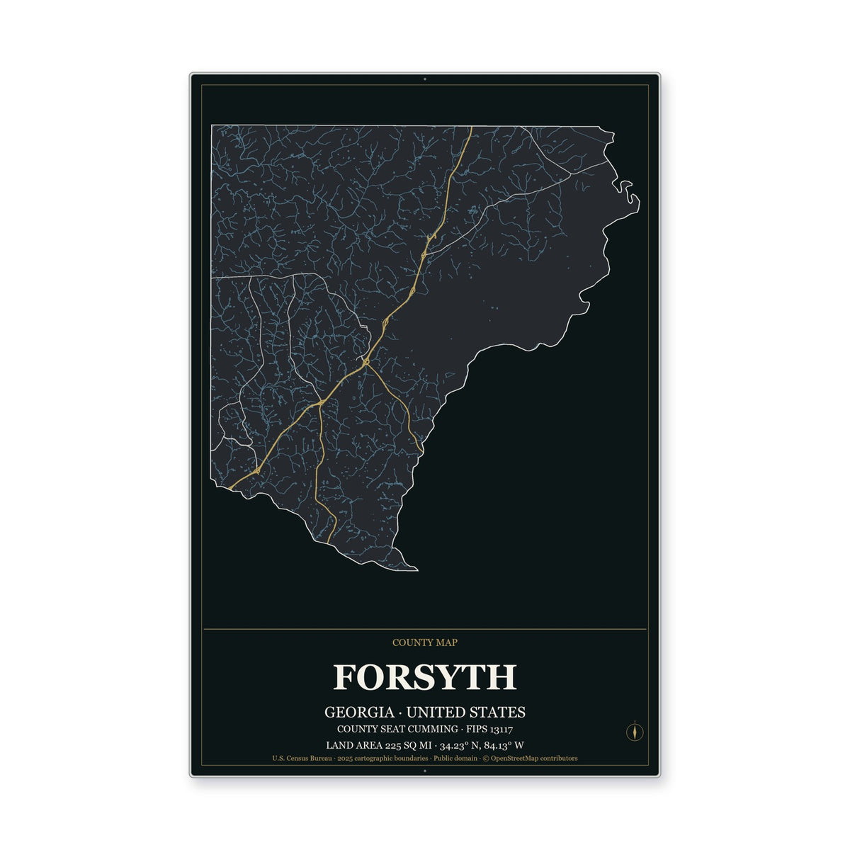 Forsyth County, Georgia Map Aluminum Sign in Metropolitan Noir style