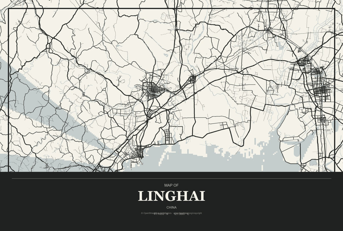 Linghai, China City Map Aluminum Sign in Museum Plaque style
