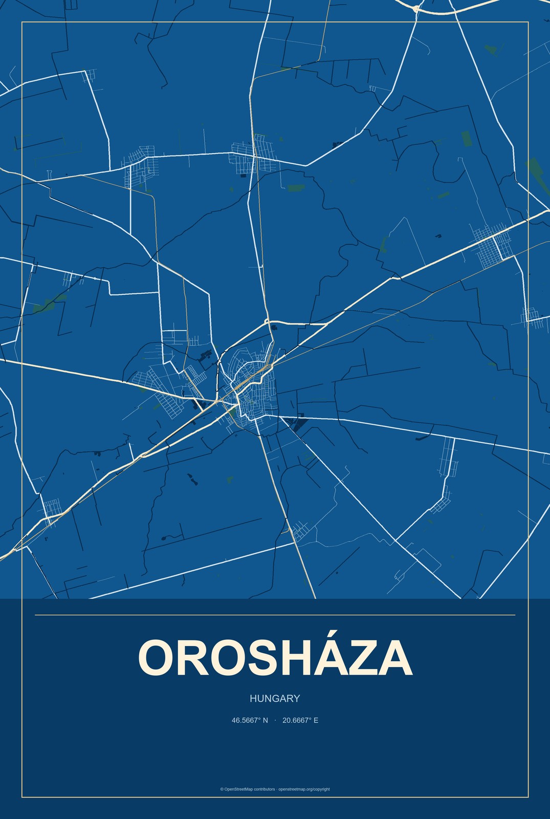 Orosháza, Hungary City Map Aluminum Sign in Harbor Cobalt style