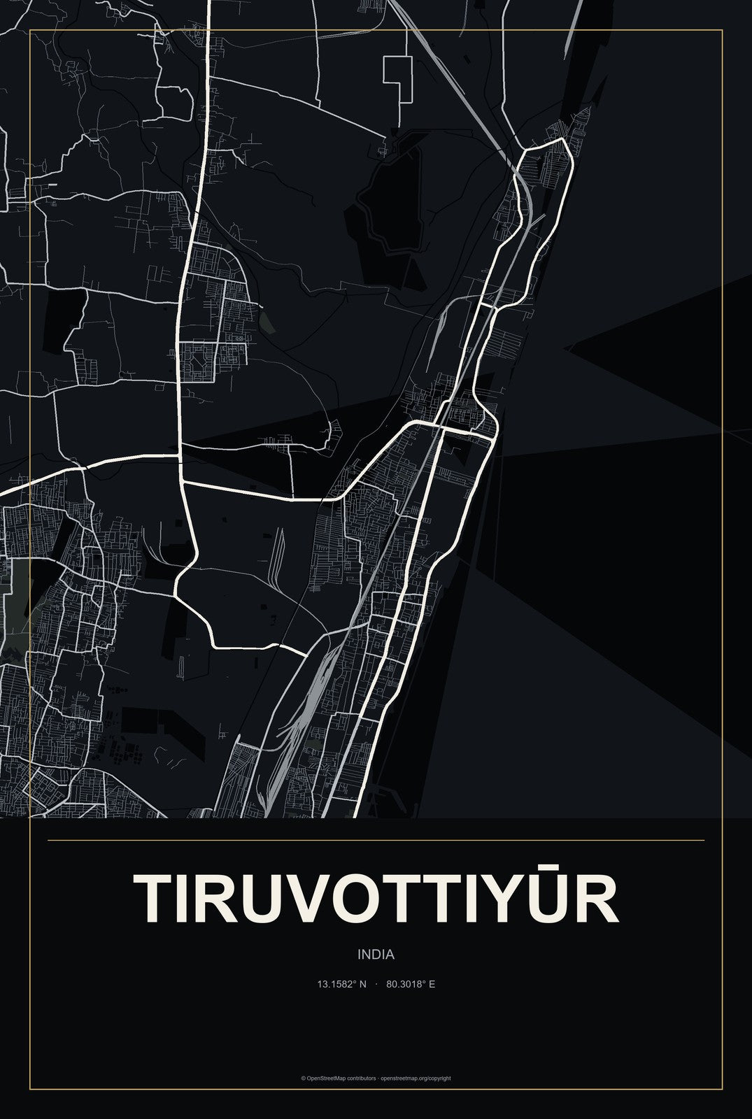 Tiruvottiyūr, India City Map Aluminum Sign in Metropolitan Noir style