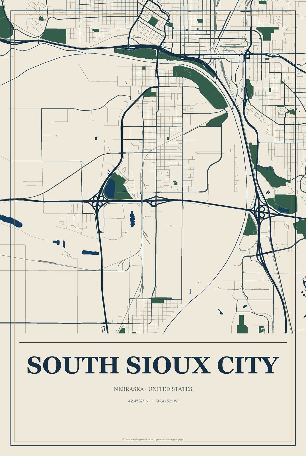 South Sioux City, Nebraska City Map Aluminum Sign in Coastal Cutout style