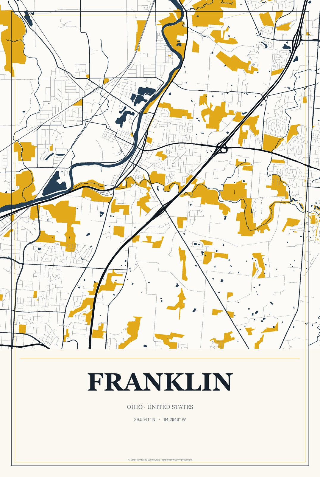 Franklin, Ohio City Map Aluminum Sign in Citrine Modern style
