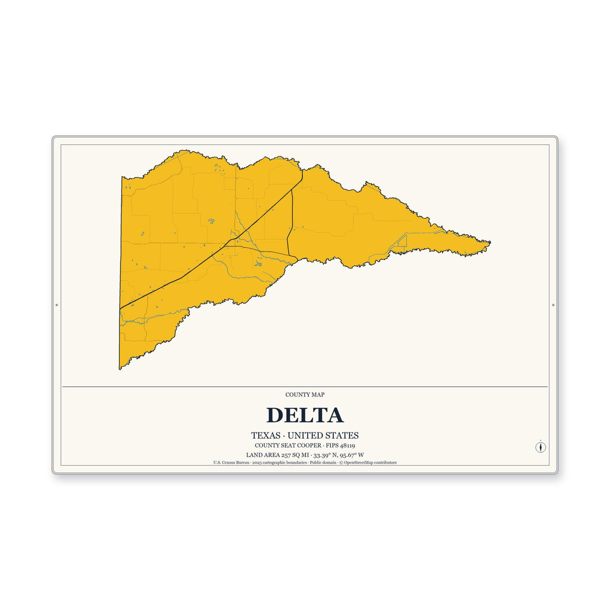 Delta County, Texas Map Aluminum Sign in Citrine Modern style