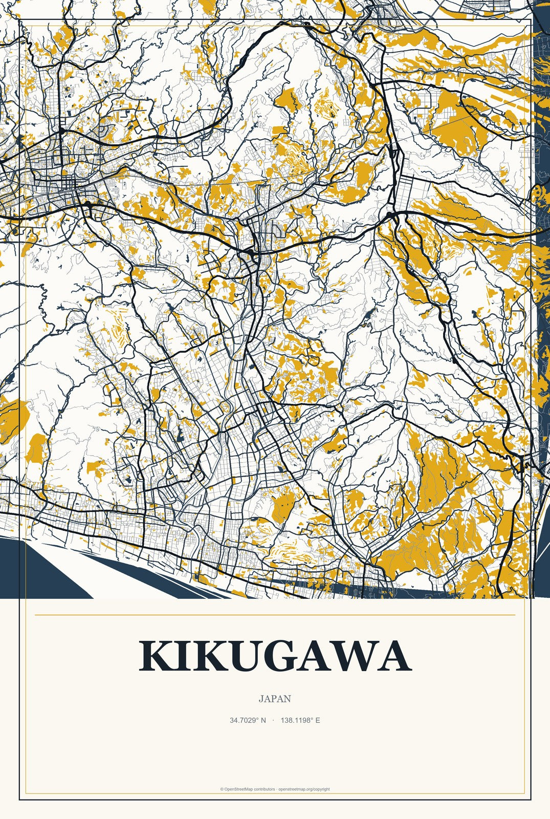 Kikugawa, Japan City Map Aluminum Sign in Citrine Modern style