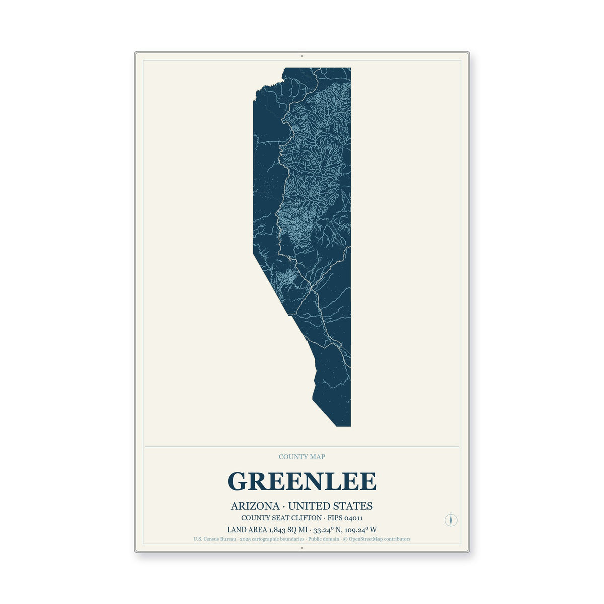 Greenlee County, Arizona Map Aluminum Sign in Coastal Cutout style