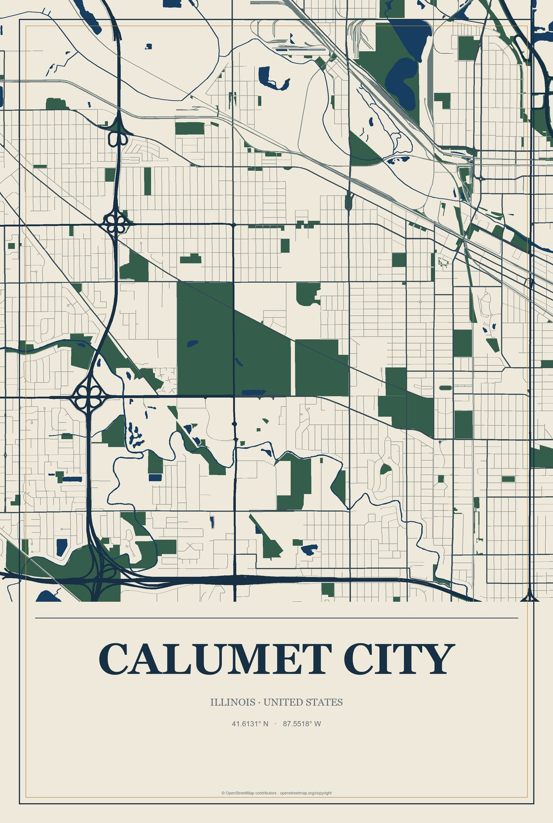 Calumet City, Illinois City Map Aluminum Sign in Coastal Cutout style