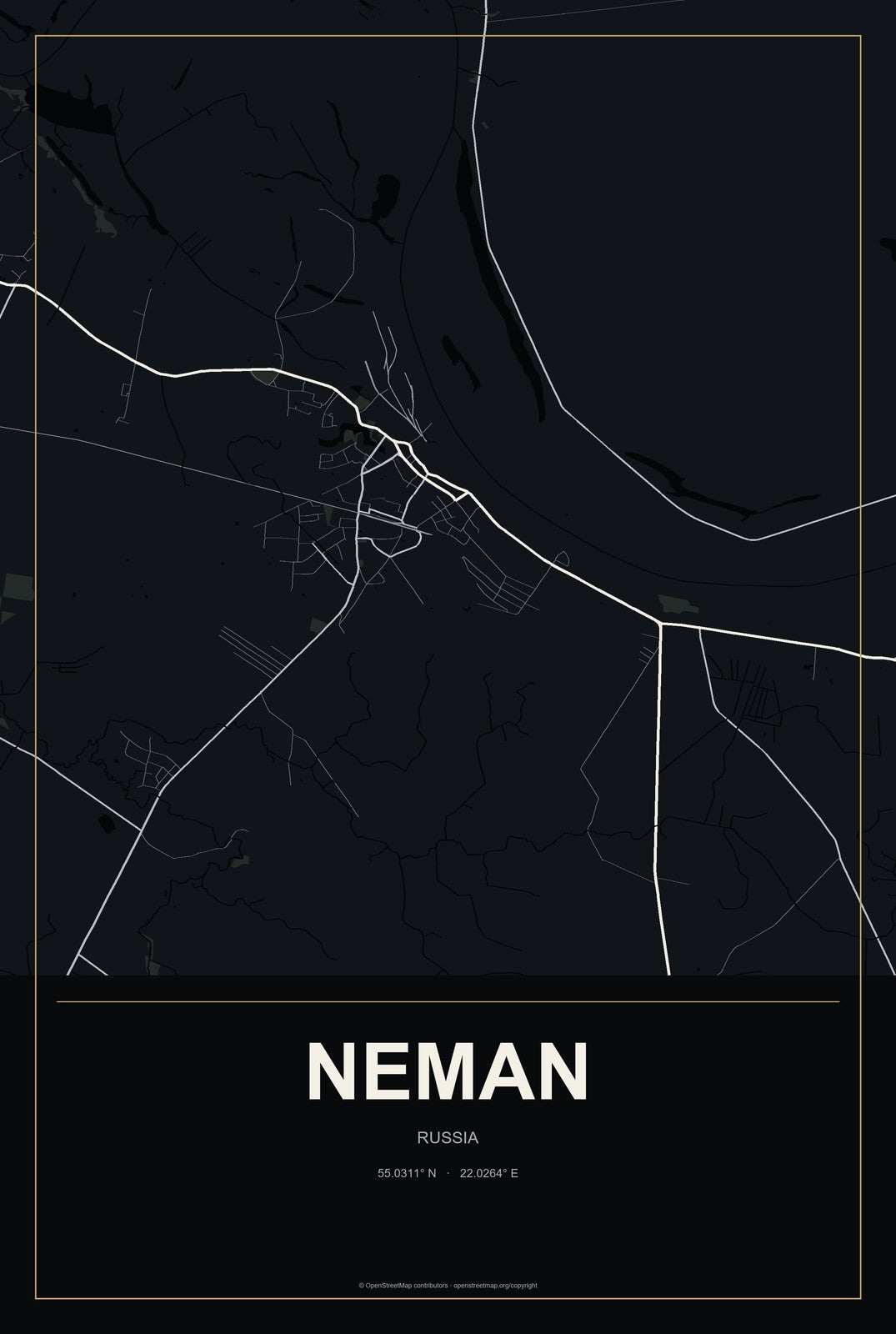 Neman, Russia City Map Aluminum Sign in Metropolitan Noir style