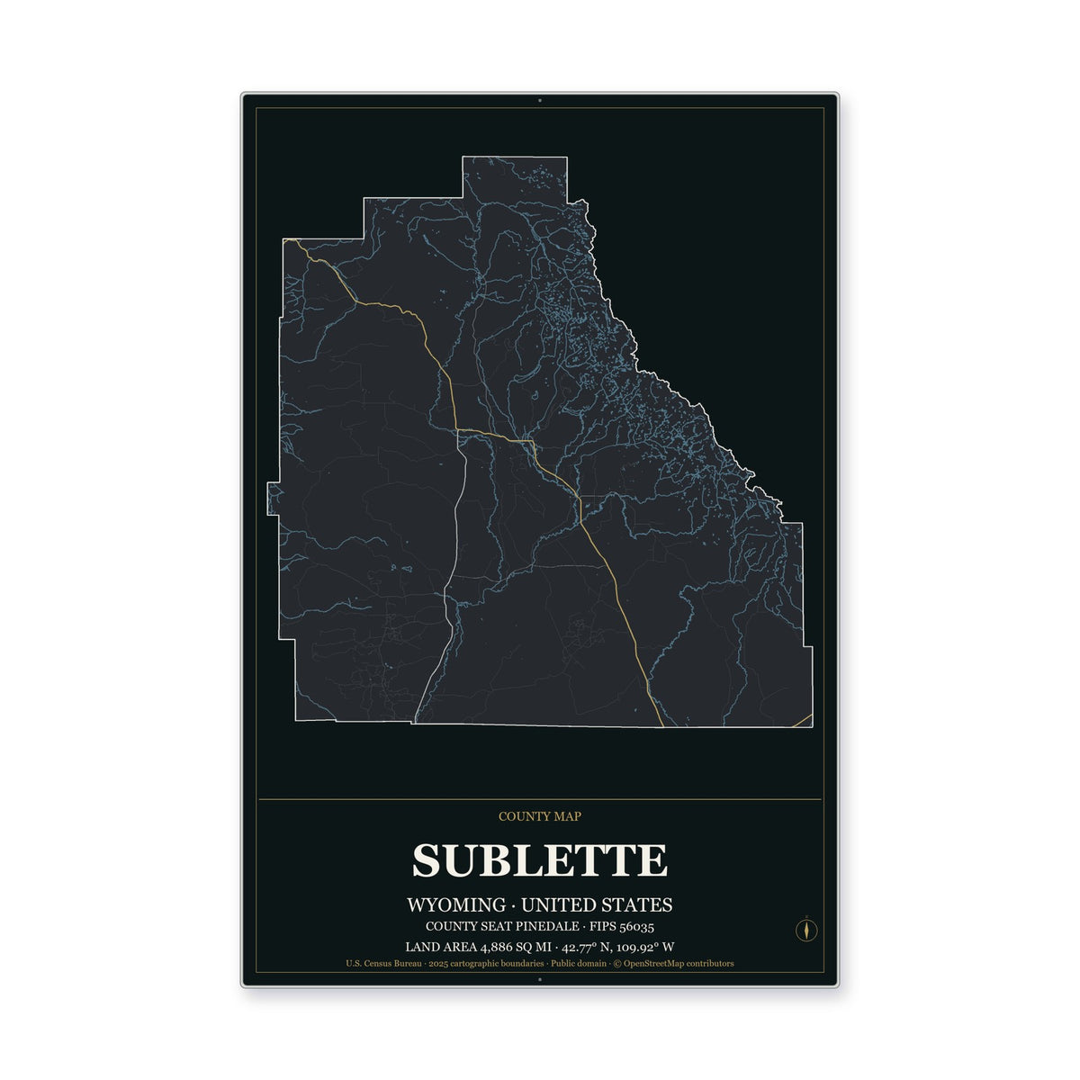 Sublette County, Wyoming Map Aluminum Sign in Metropolitan Noir style