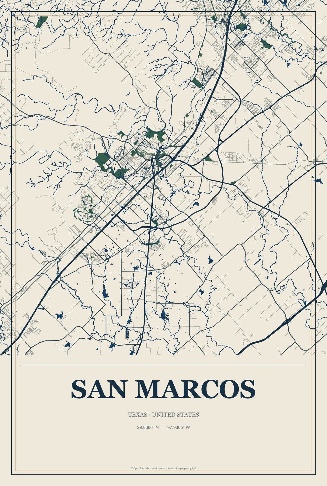 San Marcos, Texas City Map Aluminum Sign in Coastal Cutout style