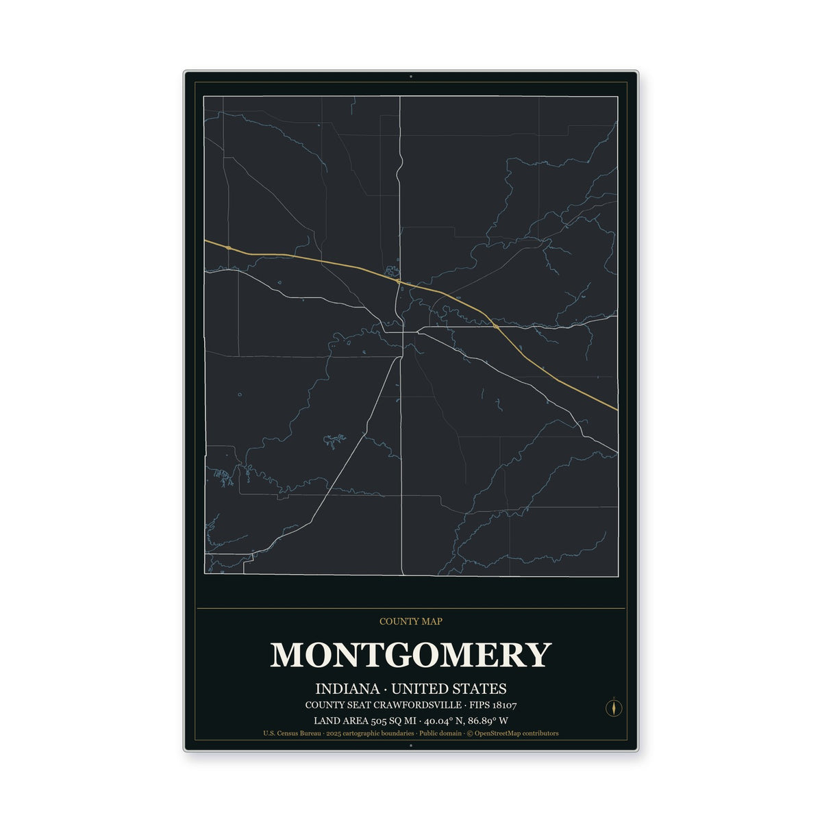 Montgomery County, Indiana Map Aluminum Sign in Metropolitan Noir style