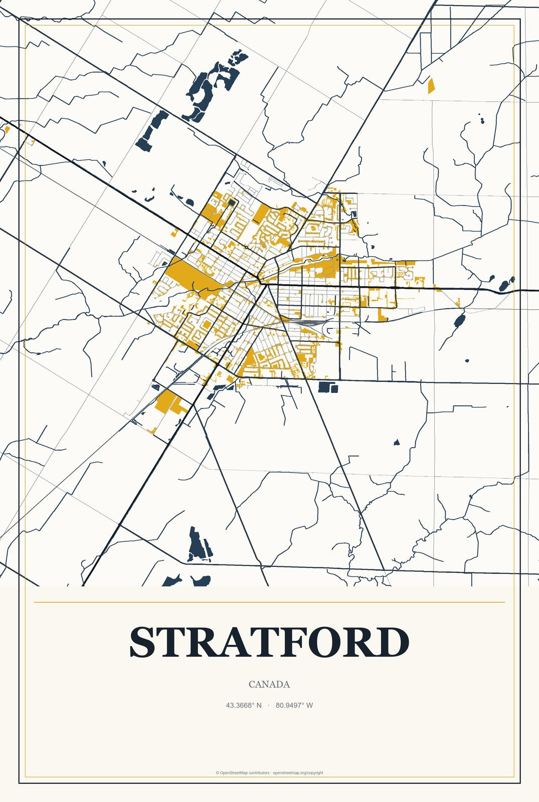 Stratford, Prince Edward Island, Canada City Map Aluminum Sign in Citrine Modern style