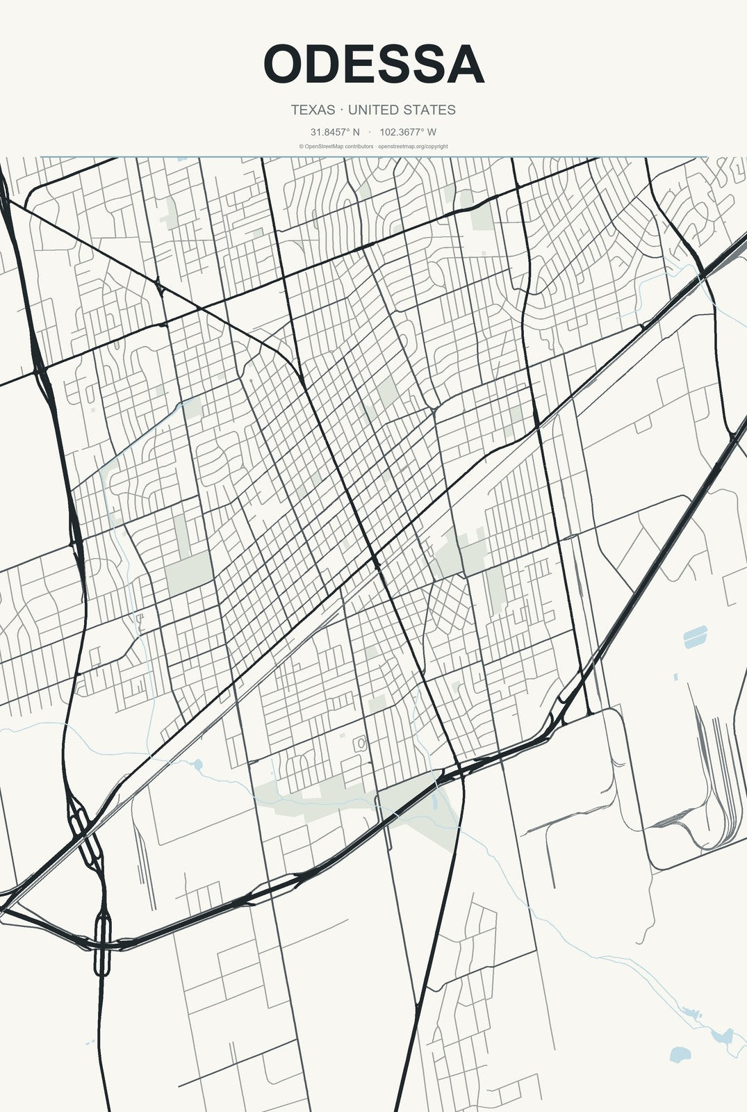 Odessa, Texas City Map Aluminum Sign in Headline Atlas style