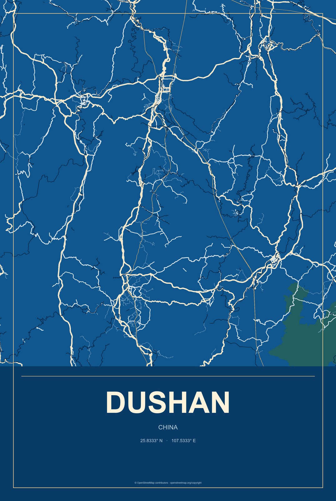 Dushan, China City Map Aluminum Sign in Harbor Cobalt style