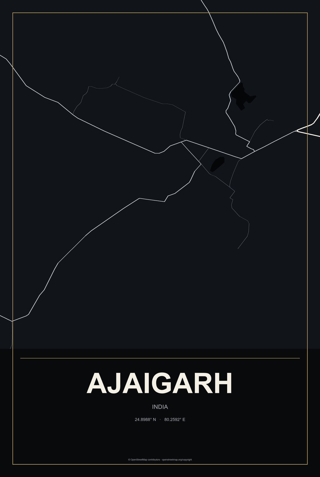 Ajaigarh, India City Map Aluminum Sign in Metropolitan Noir style