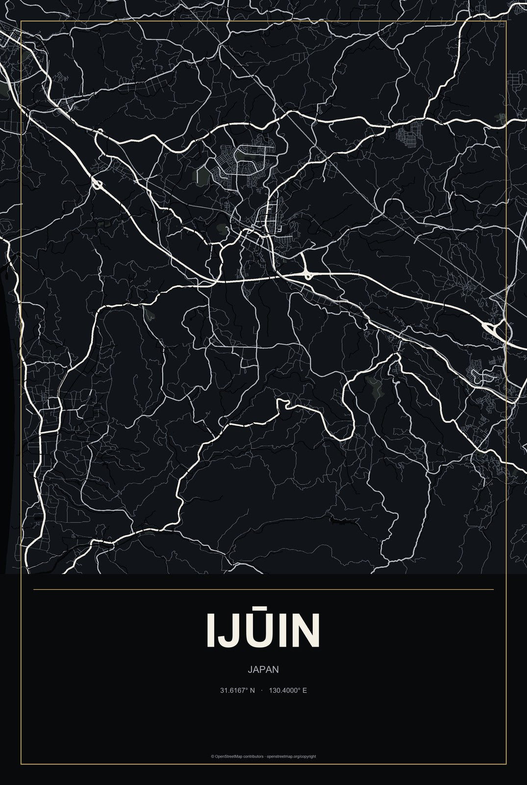 Ijūin, Japan City Map Aluminum Sign in Metropolitan Noir style