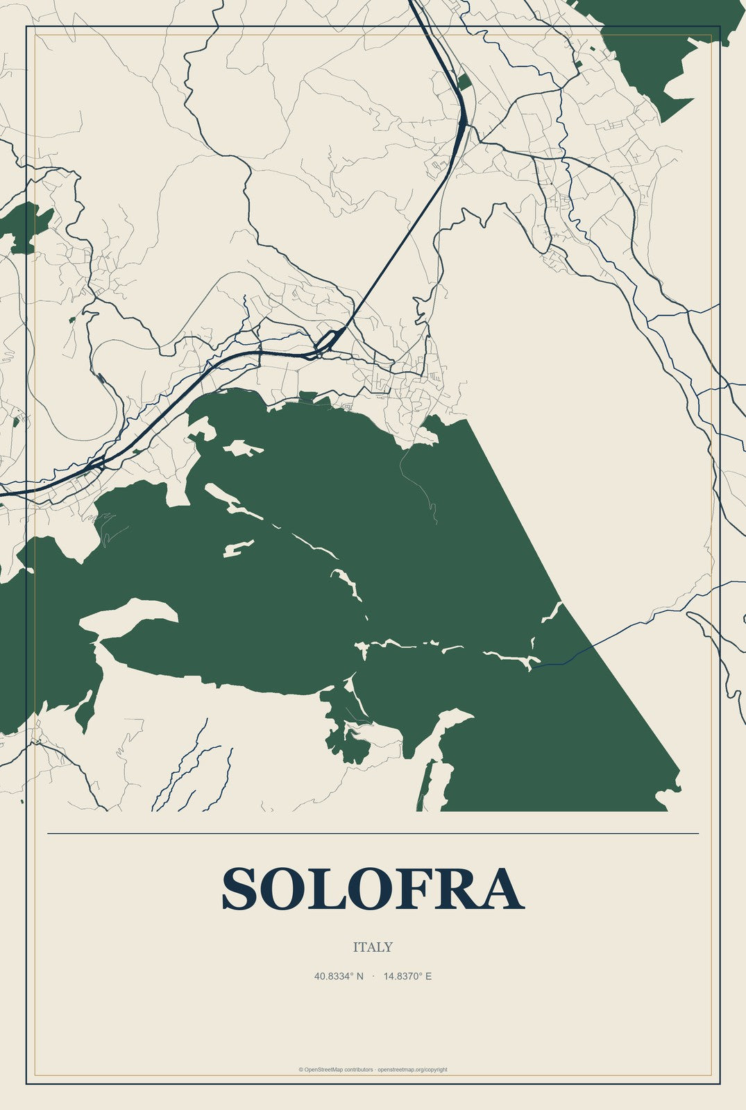 Solofra, Italy City Map Aluminum Sign in Coastal Cutout style