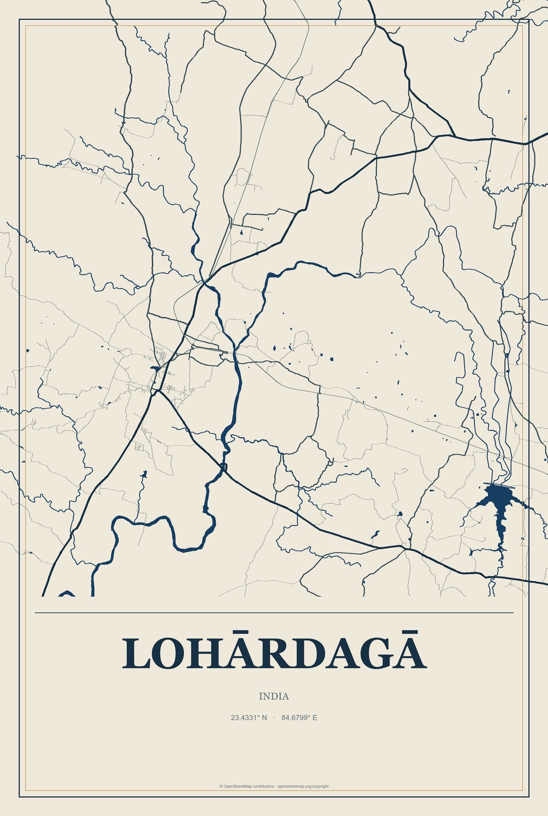 Lohārdagā, India City Map Aluminum Sign in Coastal Cutout style