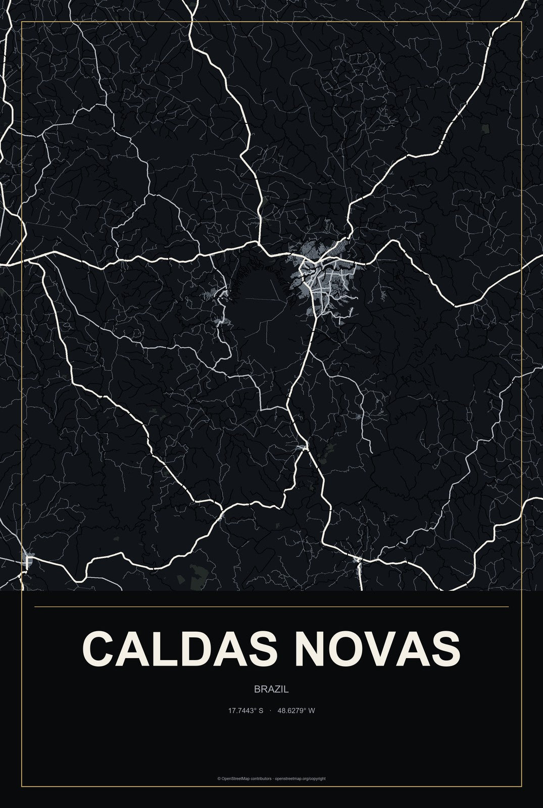 Caldas Novas, Brazil City Map Aluminum Sign in Metropolitan Noir style