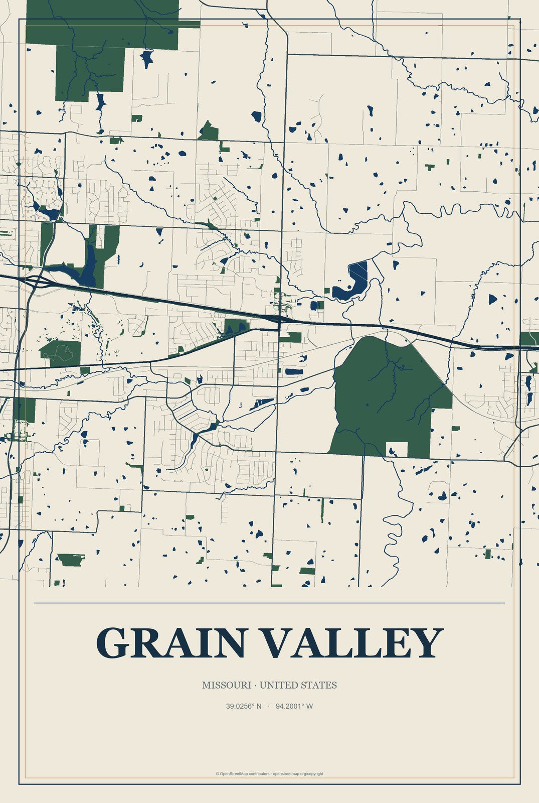 Grain Valley, Missouri City Map Aluminum Sign in Coastal Cutout style
