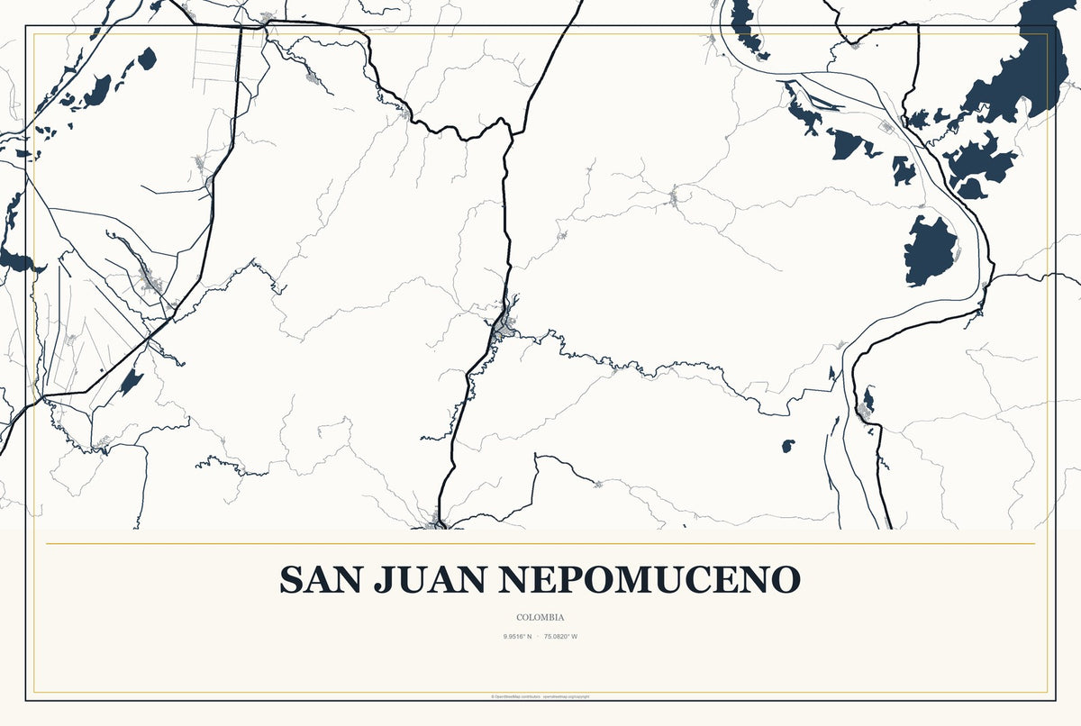 San Juan Nepomuceno, Colombia City Map Aluminum Sign in Citrine Modern style