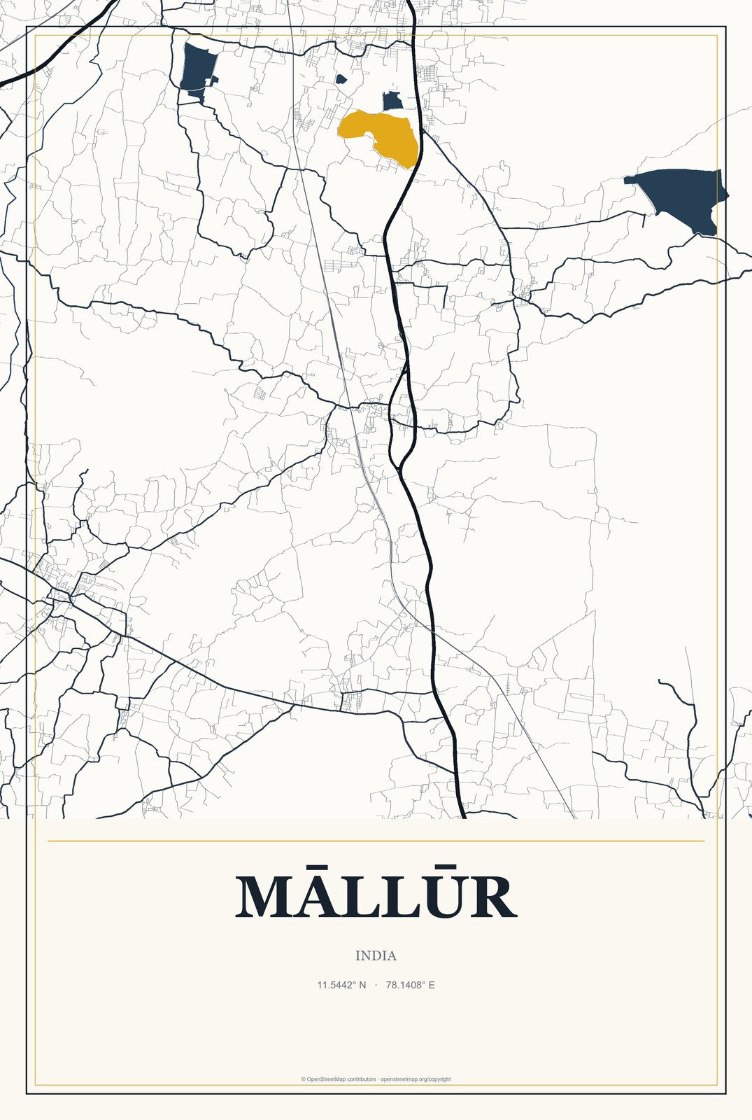 Māllūr, India City Map Aluminum Sign in Citrine Modern style