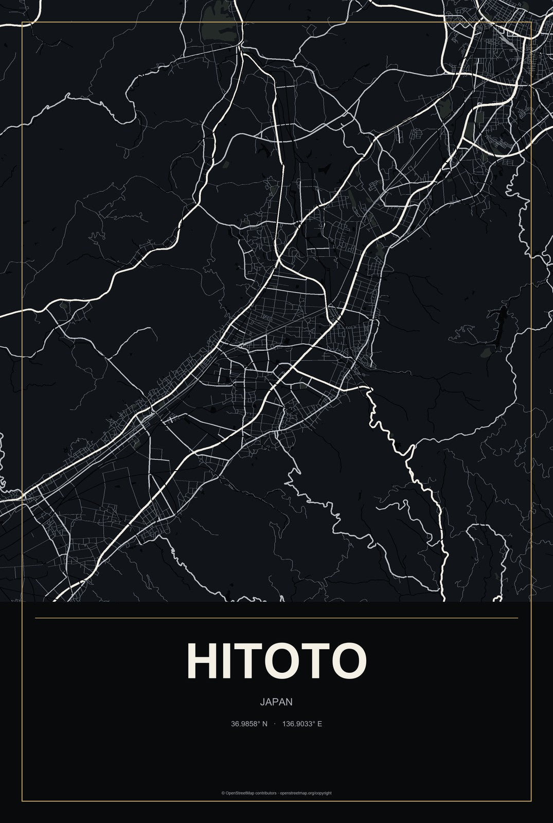 Hitoto, Japan City Map Aluminum Sign in Metropolitan Noir style