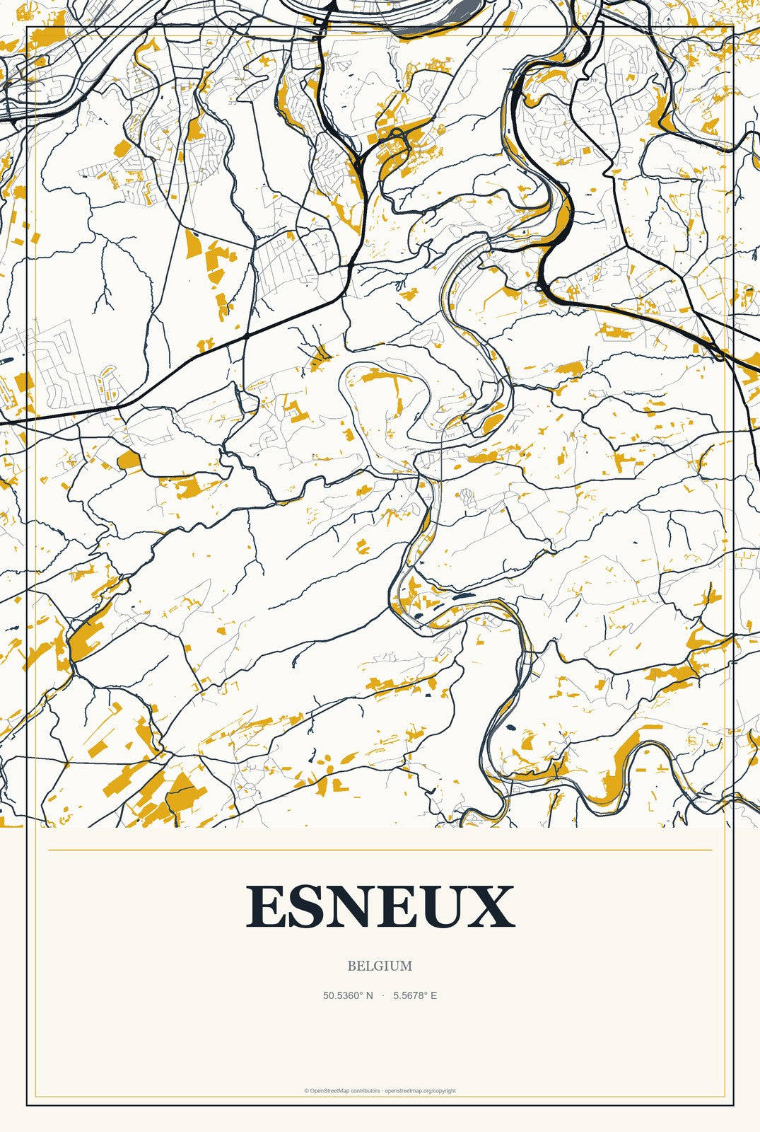 Esneux, Belgium City Map Aluminum Sign in Citrine Modern style