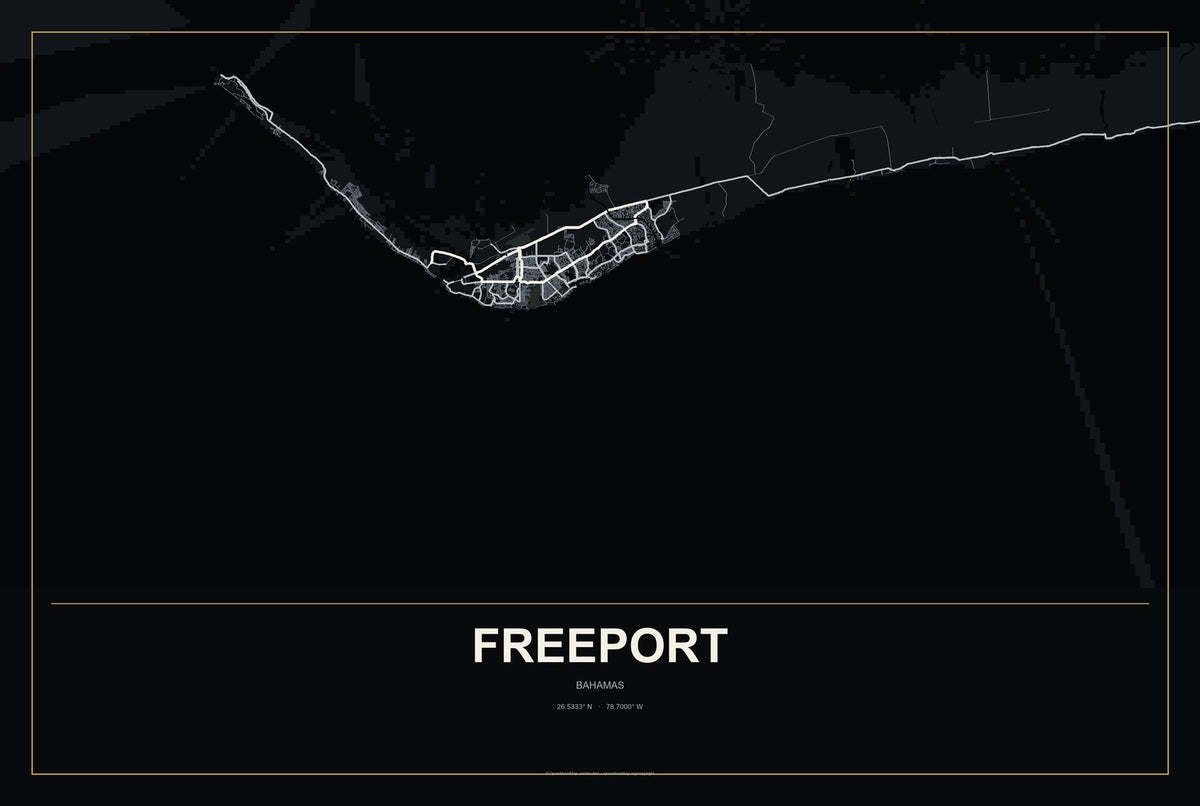 Freeport, Bahamas City Map Aluminum Sign in Metropolitan Noir style