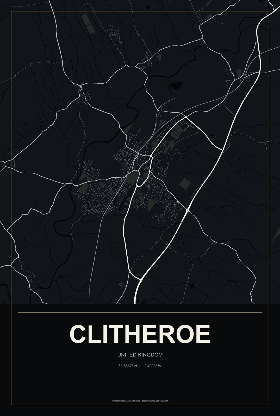 Clitheroe, United Kingdom City Map Aluminum Sign in Metropolitan Noir style