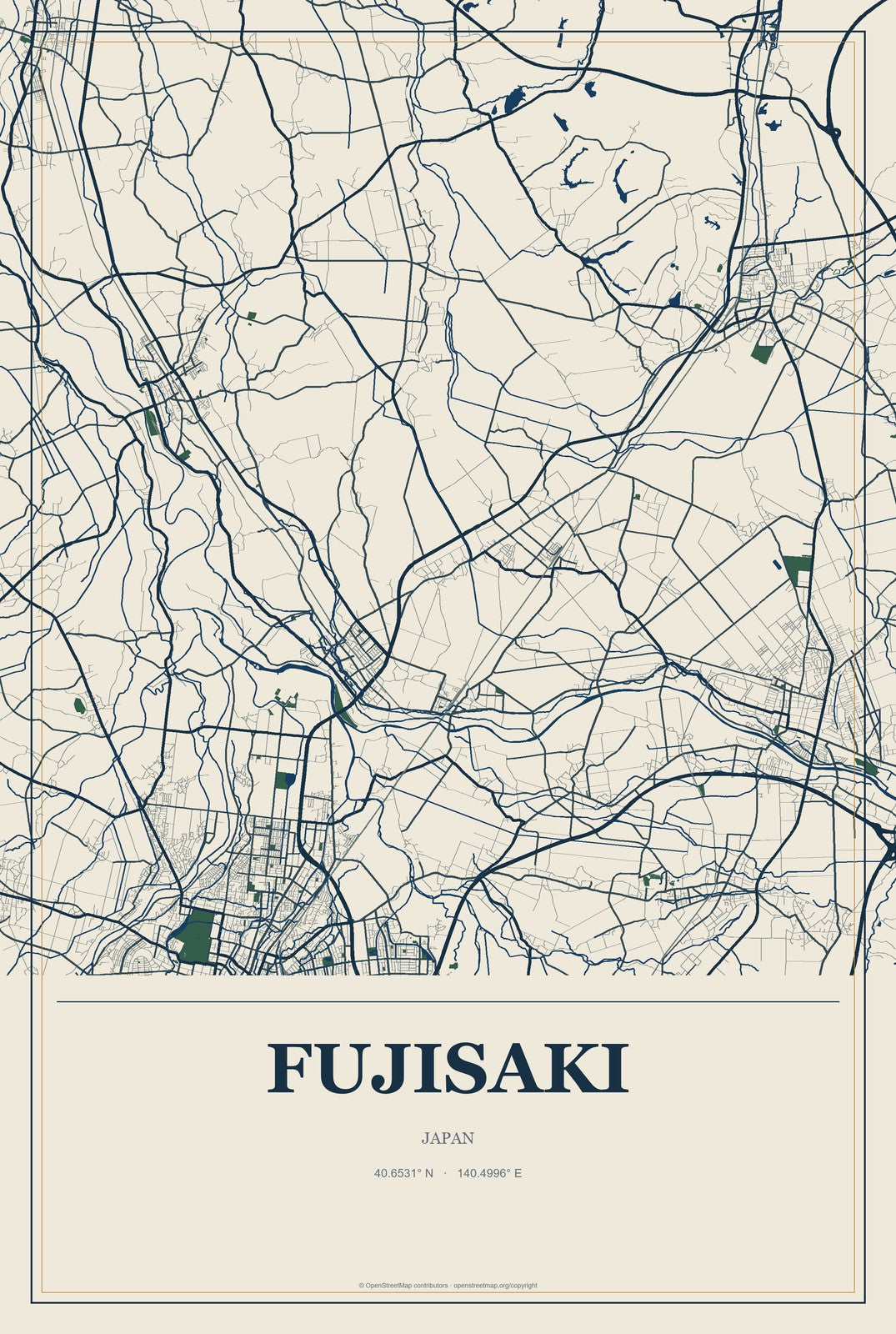 Fujisaki, Japan City Map Aluminum Sign in Coastal Cutout style