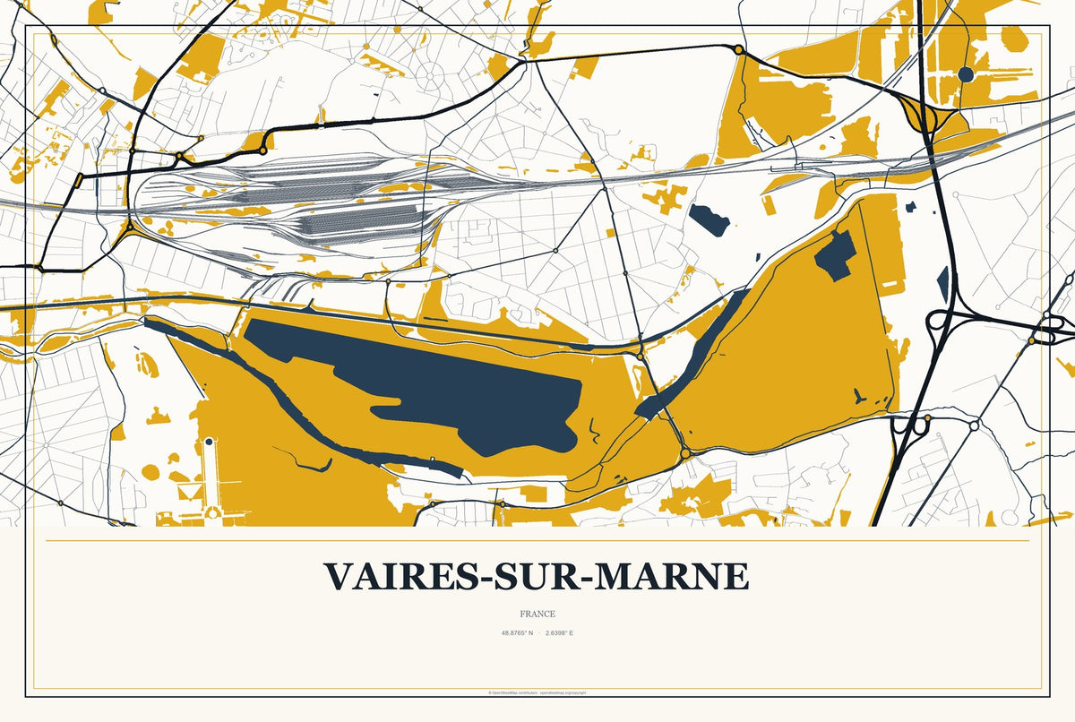 Vaires-sur-Marne, France City Map Aluminum Sign in Citrine Modern style
