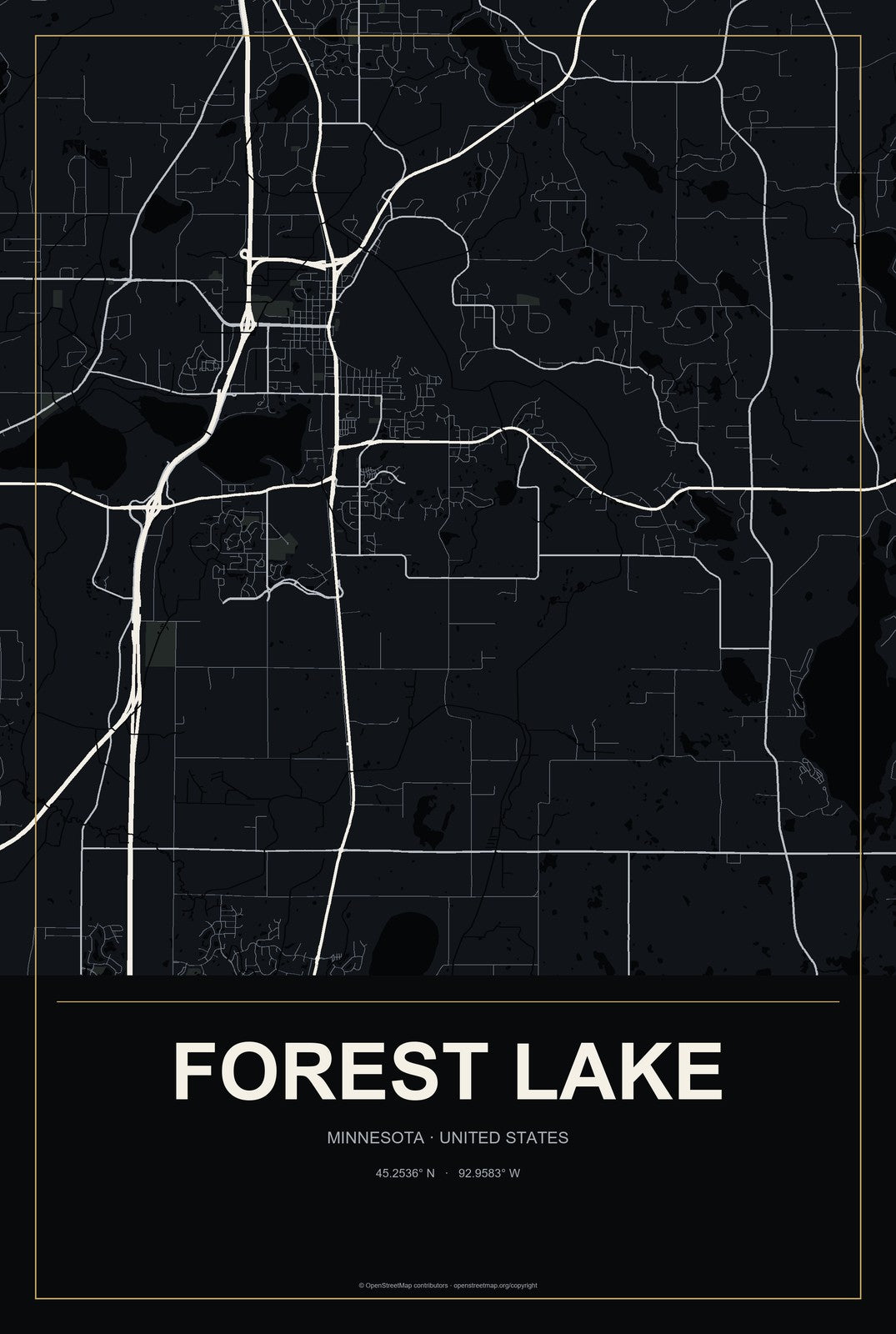 Forest Lake, Minnesota City Map Aluminum Sign in Metropolitan Noir style