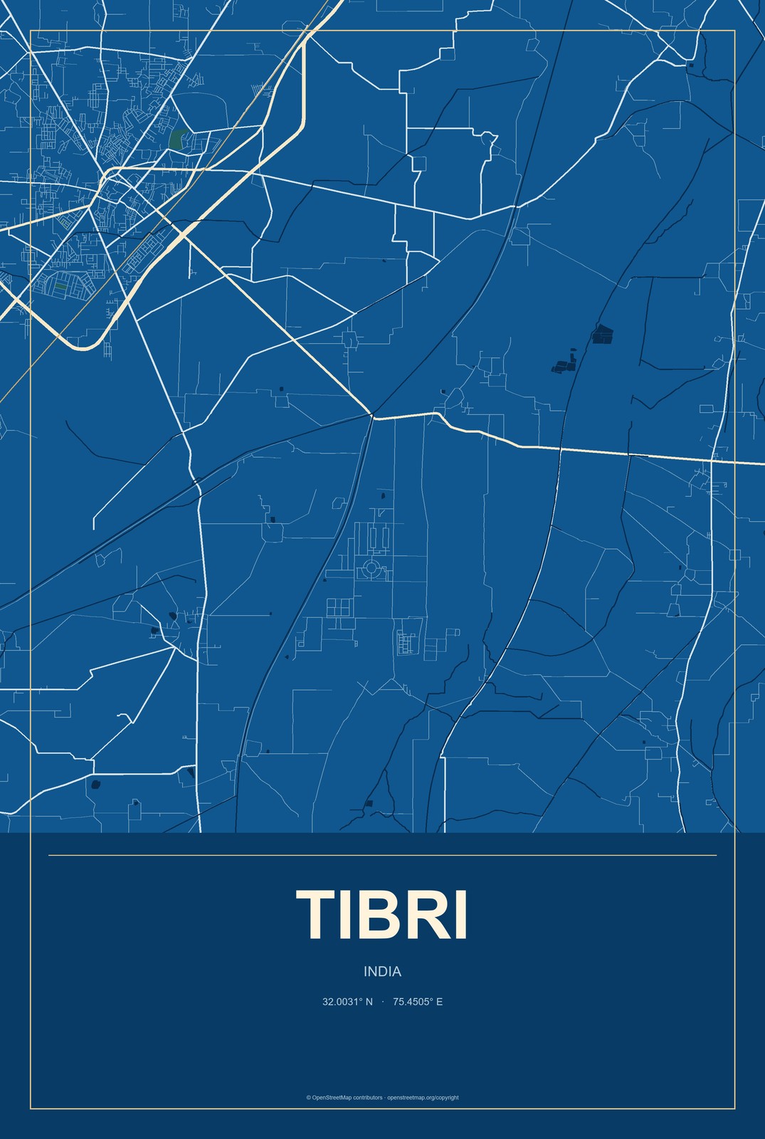 Tibri, India City Map Aluminum Sign in Harbor Cobalt style