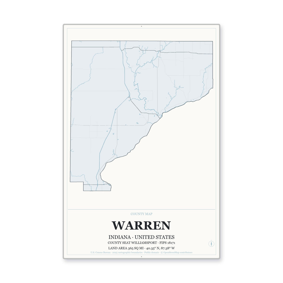 Warren County, Indiana Map Aluminum Sign in Gallery Air style