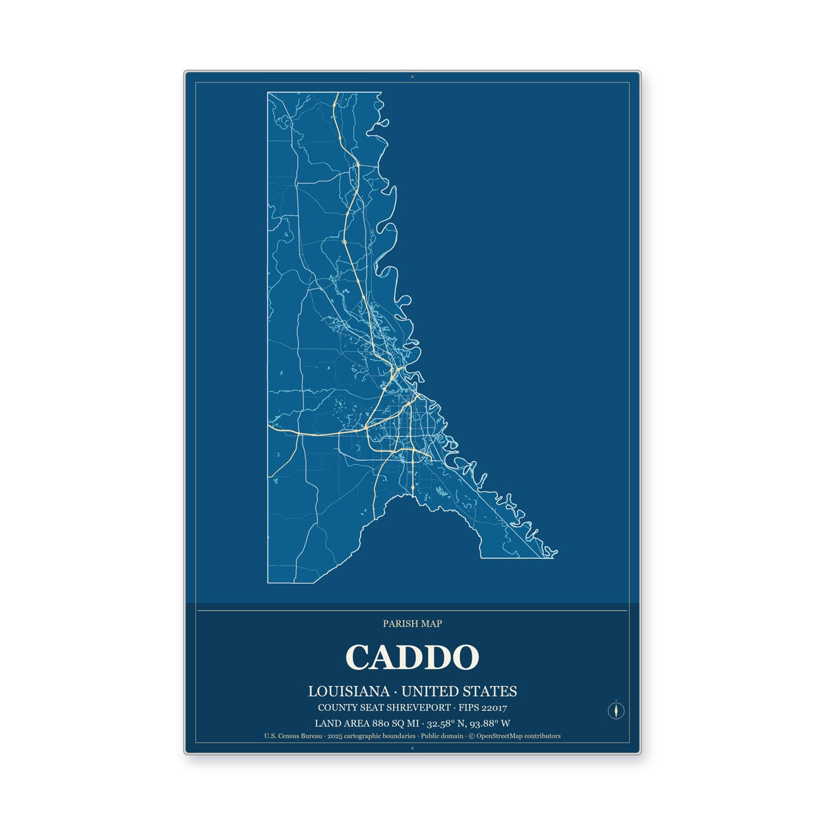 Caddo Parish, Louisiana Map Aluminum Sign in Harbor Cobalt style