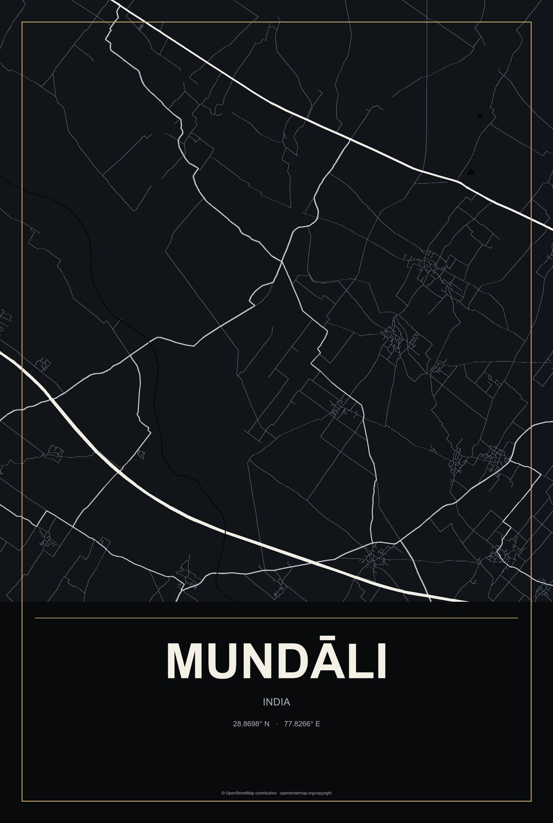 Mundāli, India City Map Aluminum Sign in Metropolitan Noir style