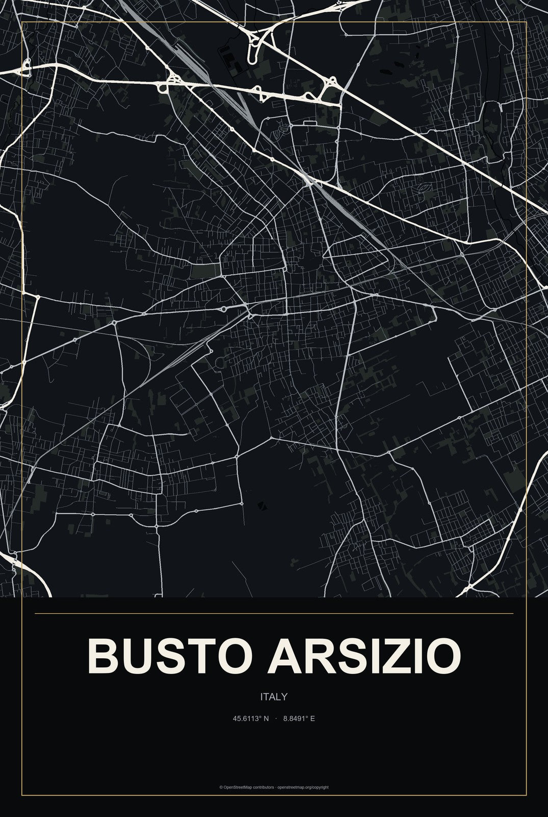 Busto Arsizio, Italy City Map Aluminum Sign in Metropolitan Noir style