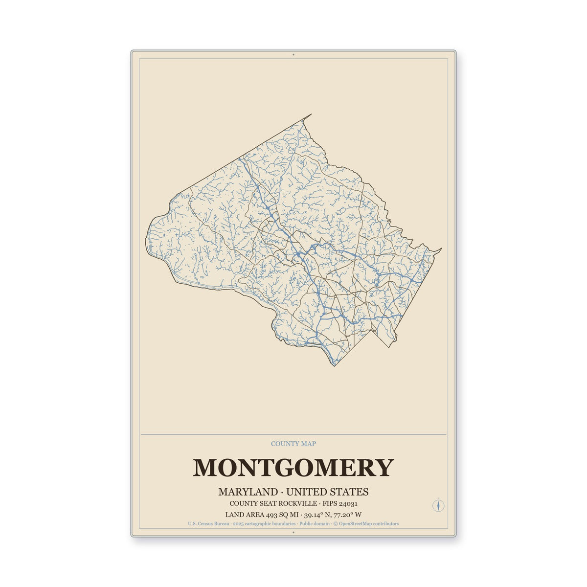 Montgomery County, Maryland Map Aluminum Sign in Heritage Nautical style
