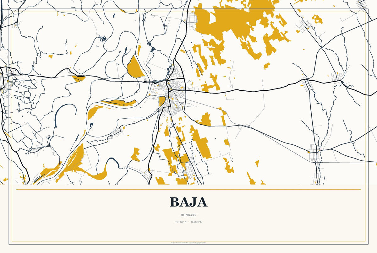 Baja, Hungary City Map Aluminum Sign in Citrine Modern style