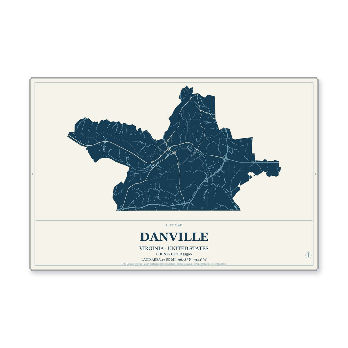 Danville city, Virginia Map Aluminum Sign in Coastal Cutout style