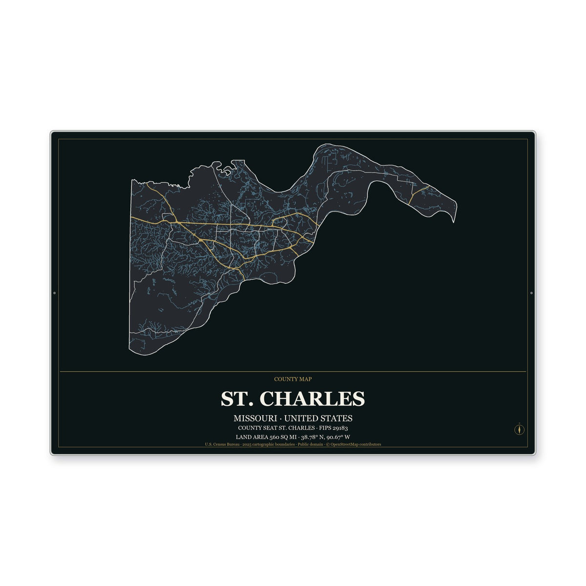 St. Charles County, Missouri Map Aluminum Sign in Metropolitan Noir style