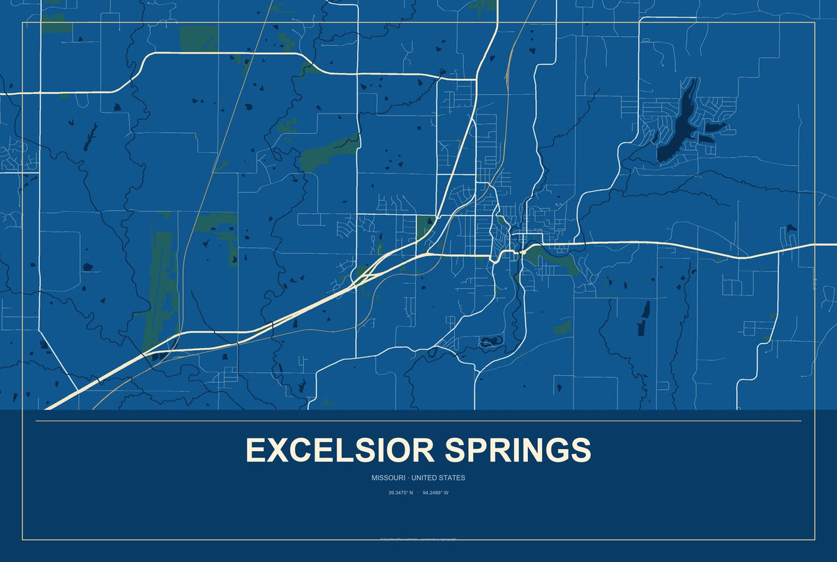 Excelsior Springs, Missouri City Map Aluminum Sign in Harbor Cobalt style