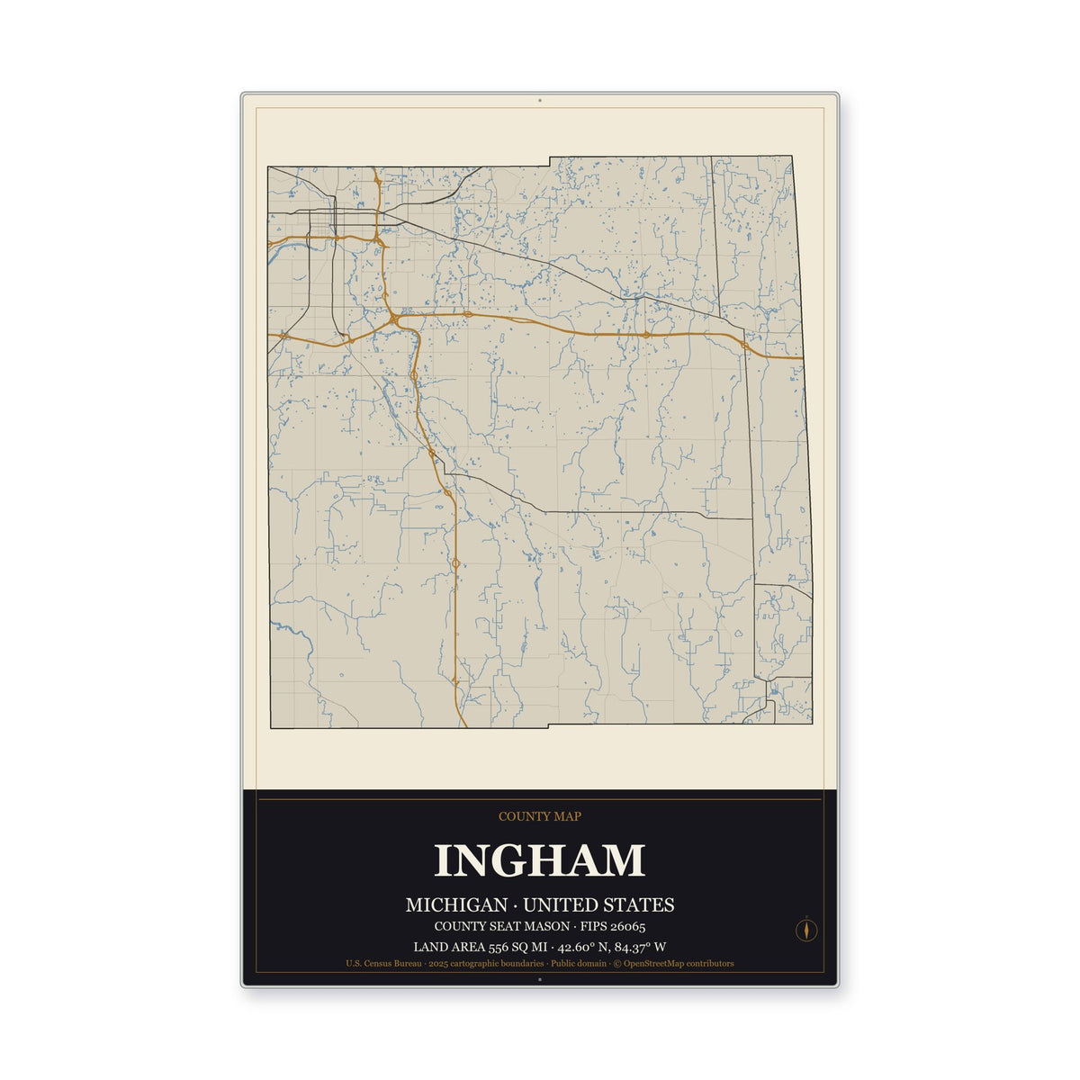Ingham County, Michigan Map Aluminum Sign in Museum Plaque style