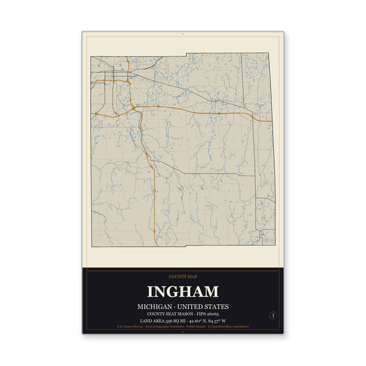 Ingham County, Michigan Map Aluminum Sign in Museum Plaque style