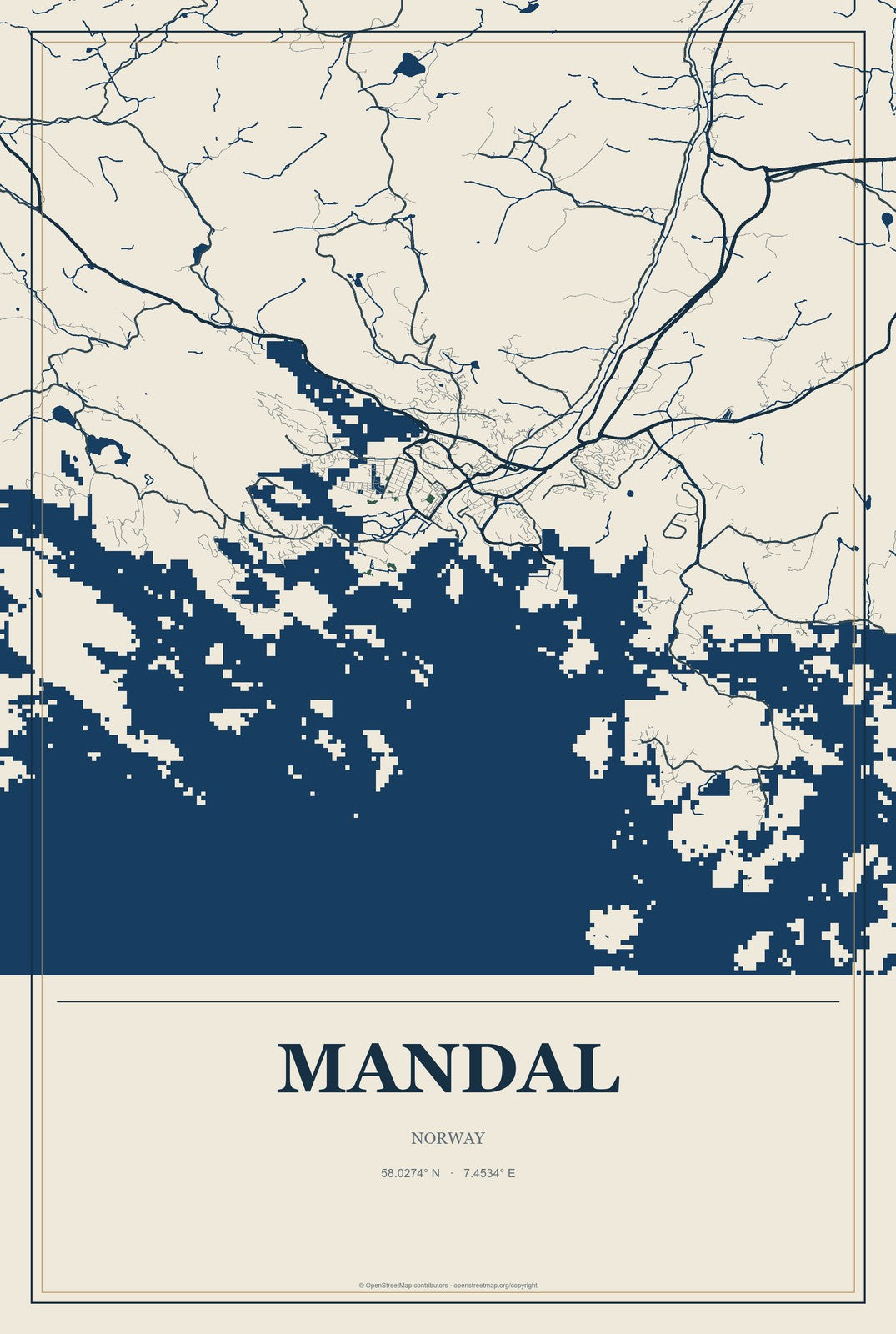 Mandal, Norway City Map Aluminum Sign in Coastal Cutout style