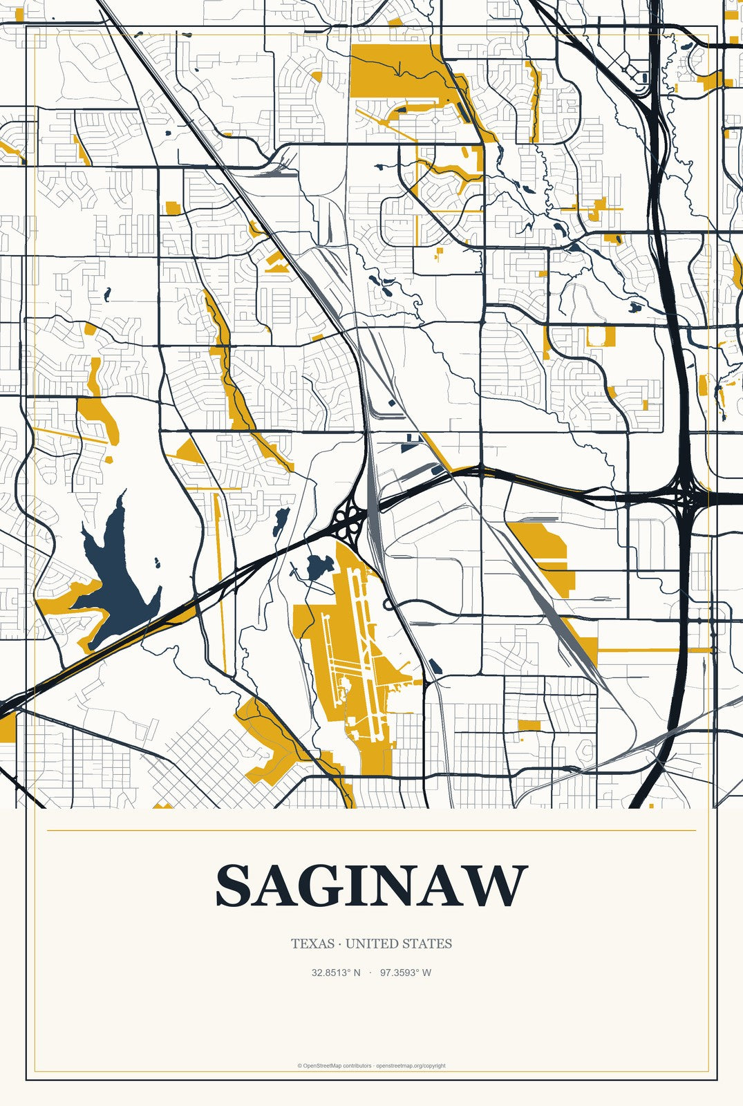 Saginaw, Texas City Map Aluminum Sign in Citrine Modern style