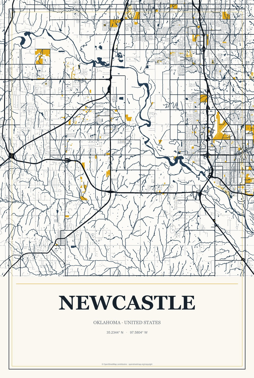 Newcastle, Oklahoma City Map Aluminum Sign in Citrine Modern style