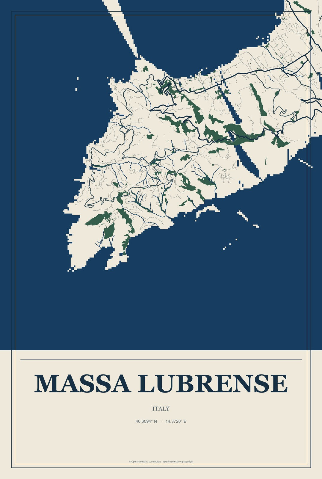 Massa Lubrense, Italy City Map Aluminum Sign in Coastal Cutout style