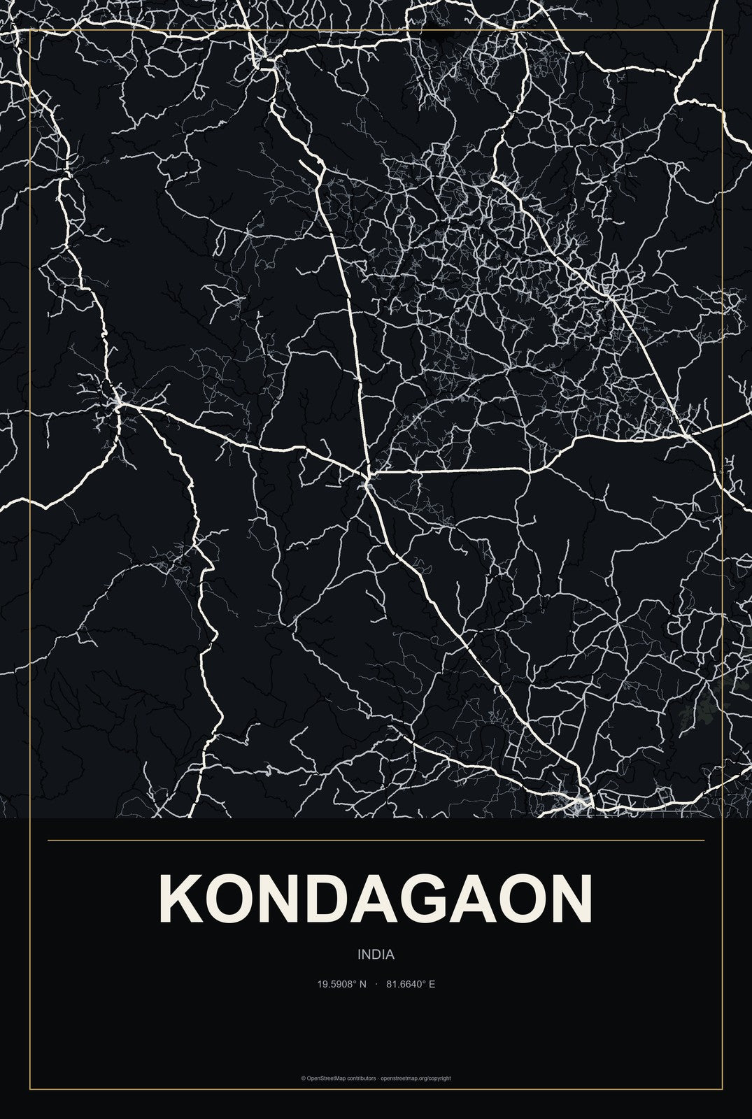 Kondagaon, India City Map Aluminum Sign in Metropolitan Noir style